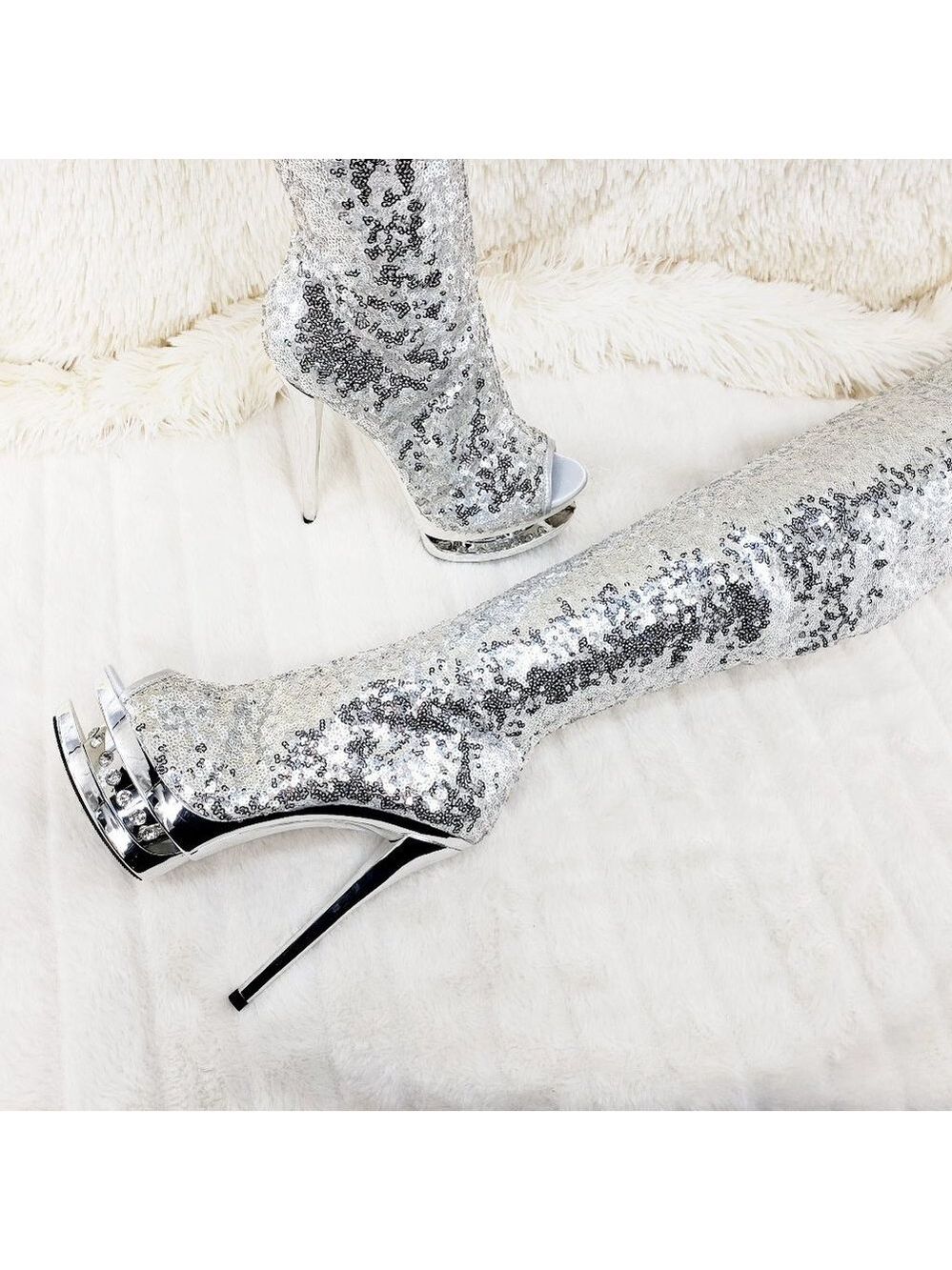 3011 Silver Sequin Open Toe Thigh High Heel Boots Blondie - Picture 2 of 15
